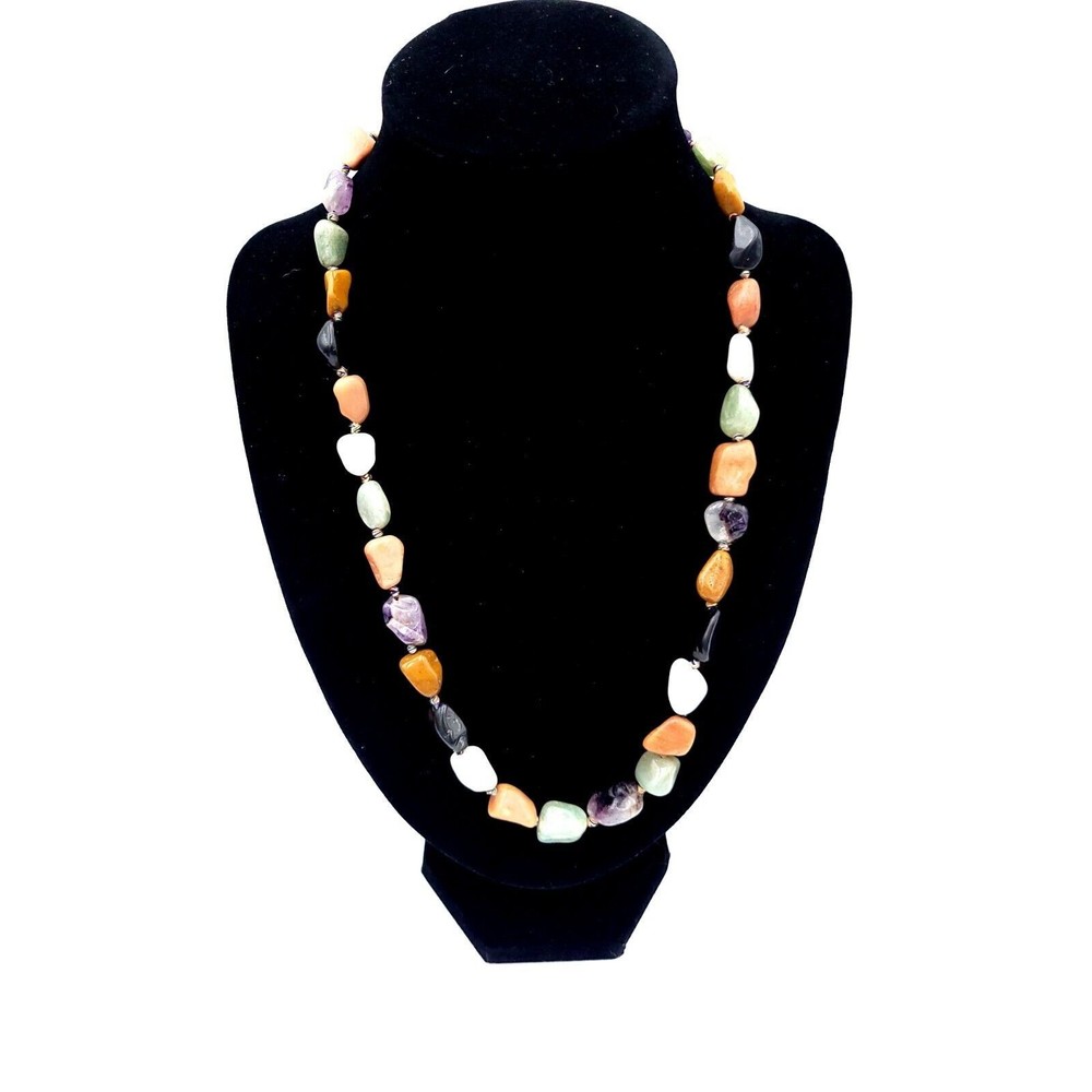Multicolor Polished Gemstone Necklace Quartz Tigers Eye Jadeite Amethyst